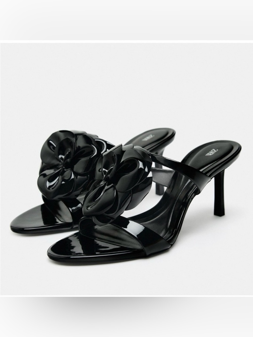 Zara Black Patent Floral Slide Heels